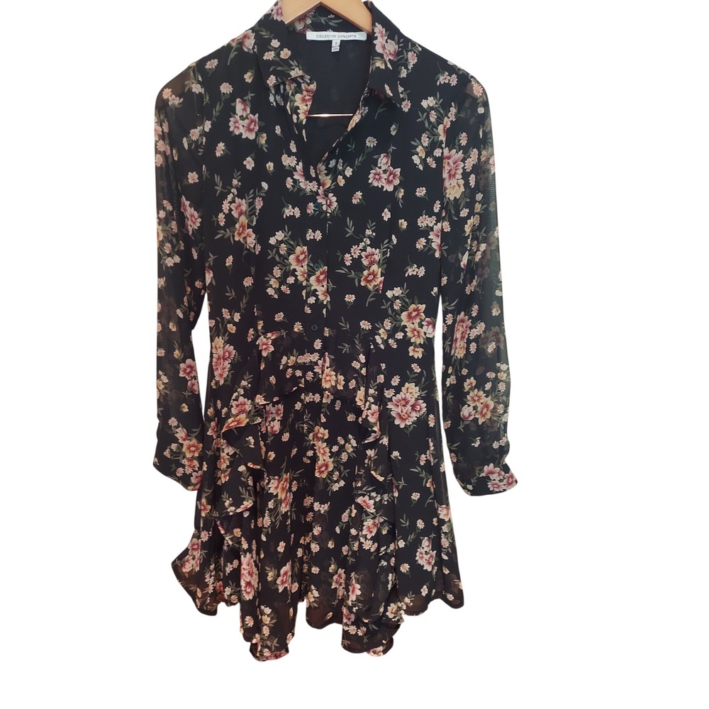 Collective Concepts Floral Ruffle Romantic Sheer‎ Shirt Dress Black Orange Small
